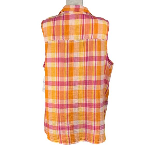 Time & Tru XX-Large (20) Top Plaid Button-Up Sleeveless Collared Pocket Gauzy - Picture 4 of 8